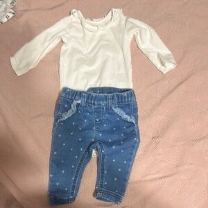 White Long Sleeve Top and Blue Heart Print Pants Set